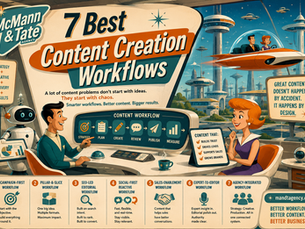 Mid-century future McMann & Tate Agency blog image for 7 Best Content Creation Workflows, showing content strategy, planning, creation, approvals, publishing and measurement.