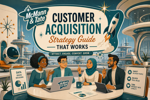 Futuristic office team meeting under McMann & Tate Customer Acquisition Strategy Guide poster, with rocket graphic and charts.