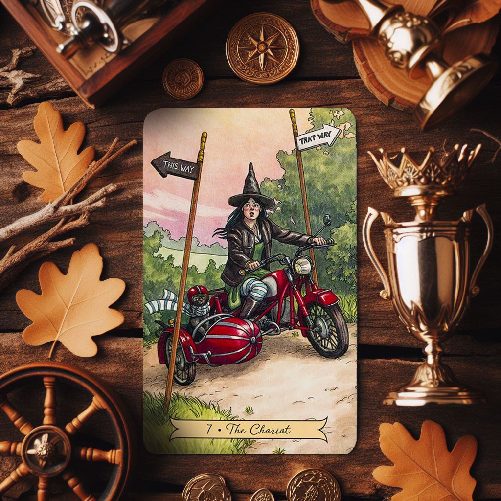 A modern interpretation of The Chariot Tarot Card, emphasizing its dynamic and empowering energy.