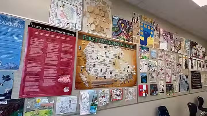 A note board with a map of Canada and various Social Studies related papers.