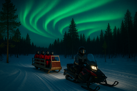 Aurora Hunting by Snowmobile Sled – Levi Lapland. Guests ride as passengers in comfortable open sleds (max. 8 persons) pulled by the guide’s snowmobile — no self-driving.