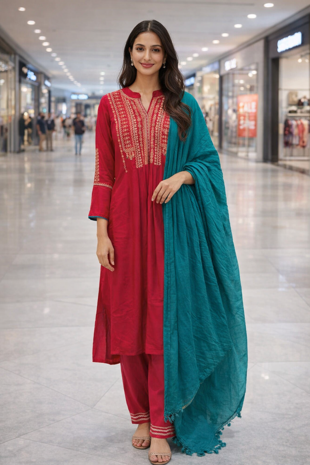 This vibrant three-piece salwar suit is a classic example of contemporary ethnic