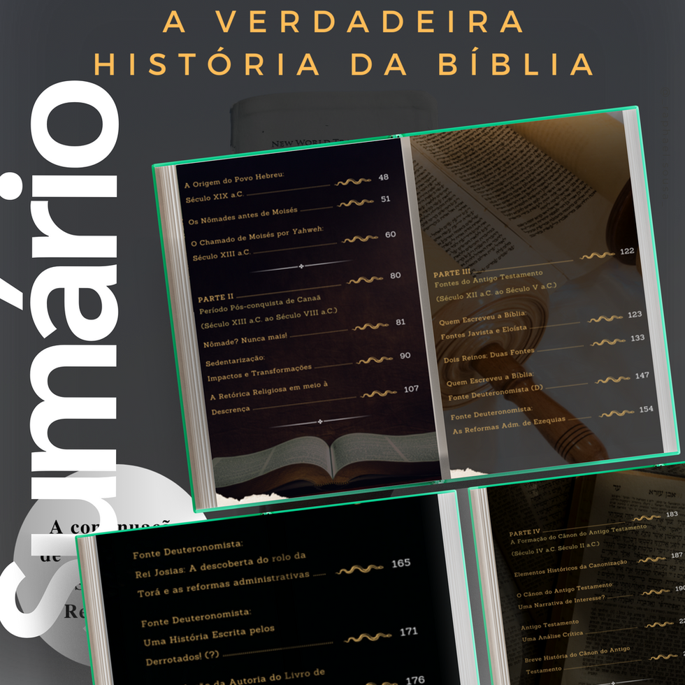 Fotografia de um sumário com páginas abertas, contendo títulos de capítulos do livro "A Verdadeira História da Bíblia", de Raphael Sousa.