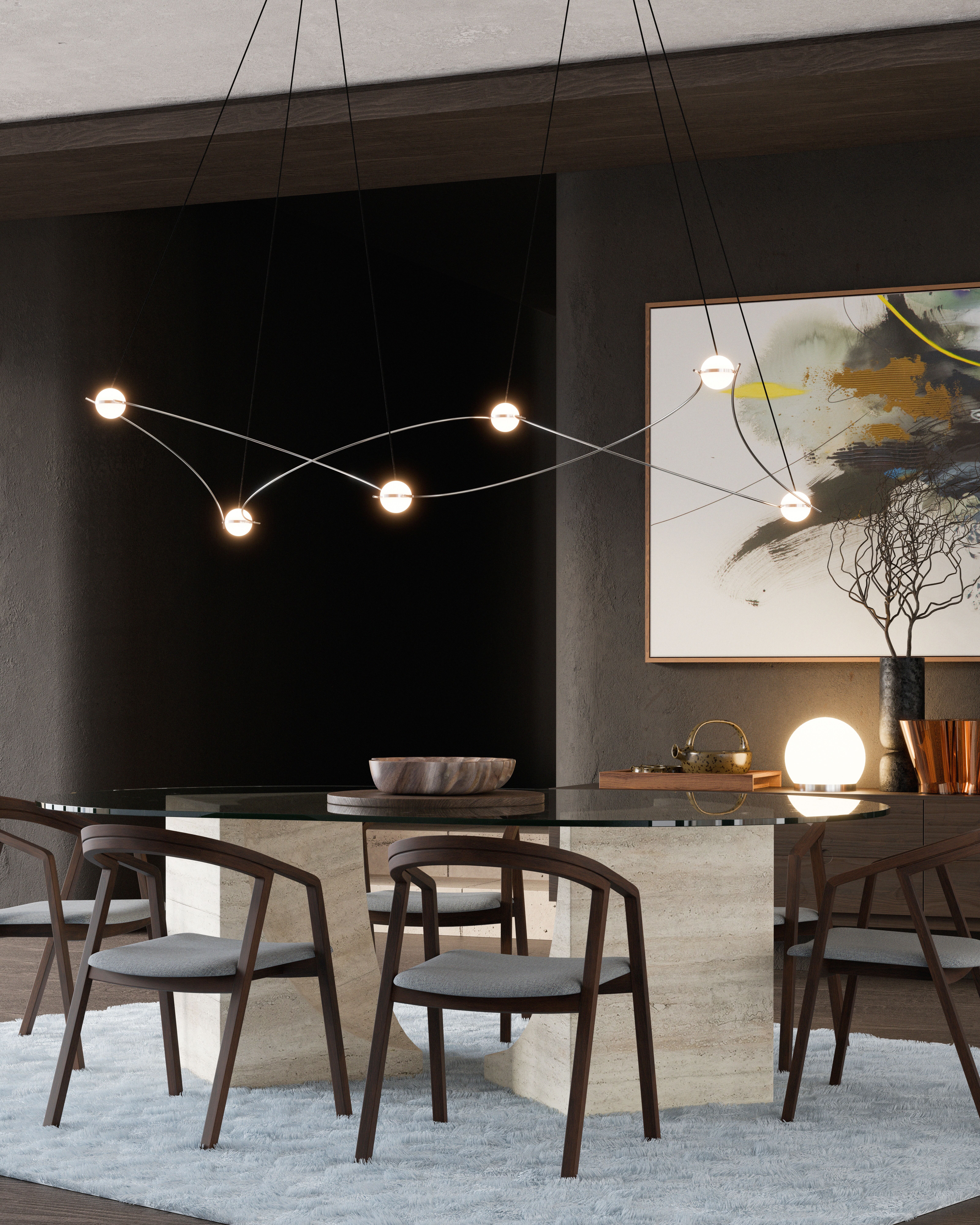 Kosmos pendant light by MOSS Objects — 360° omnidirectional light from opal glass spheres in architectural interior