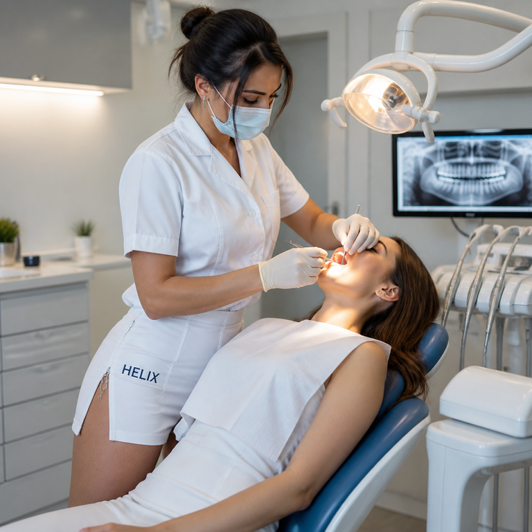 Female dentist in white Helix-branded uniform treating a patient