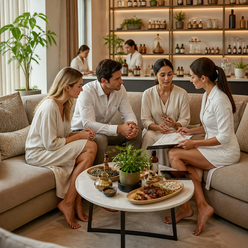 personalised Ayurvedic therapies, recovery experiences, movement, breathwork, nutrition an