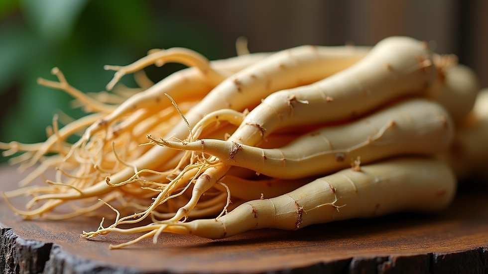 Close-up view of ginseng roots on a wooden surface