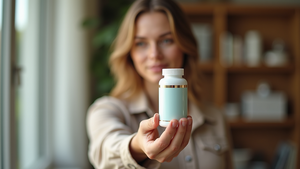 Close-up view of a person holding a bottle of dietary supplements
