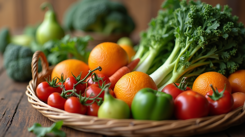 Close-up view of organic fruits and vegetables in a basket