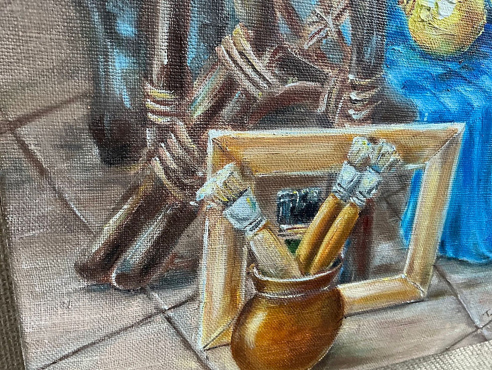 Thumbnail: "Oli still life painting with wicker chair, blue drape, white jug of meadow flowers, lemons, and artist brushes"