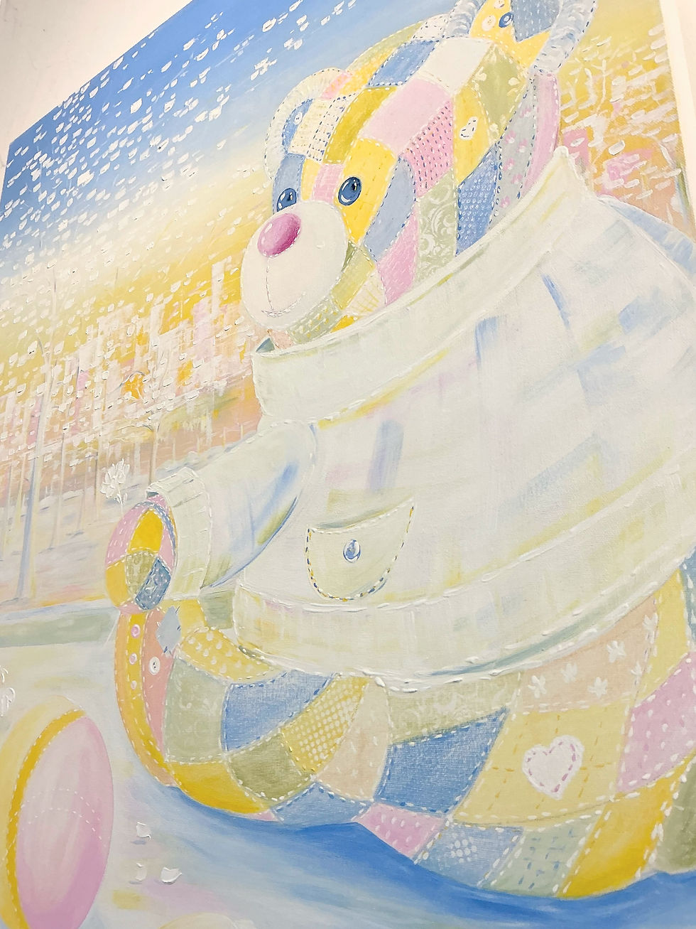 Thumbnail: Original acrylic painting of a colorful patchwork teddy bear sitting in a soft winter landscape, pastel tones.