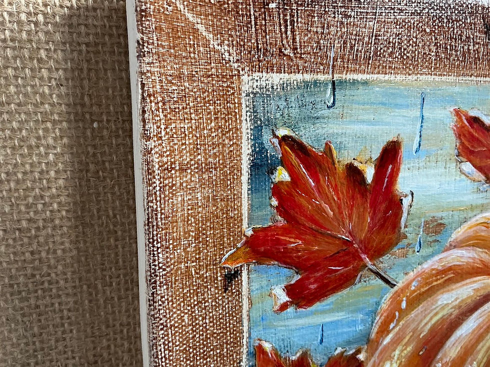 Thumbnail: Acrylic painting of a pumpkin in the rain with autumn leaves and water reflections