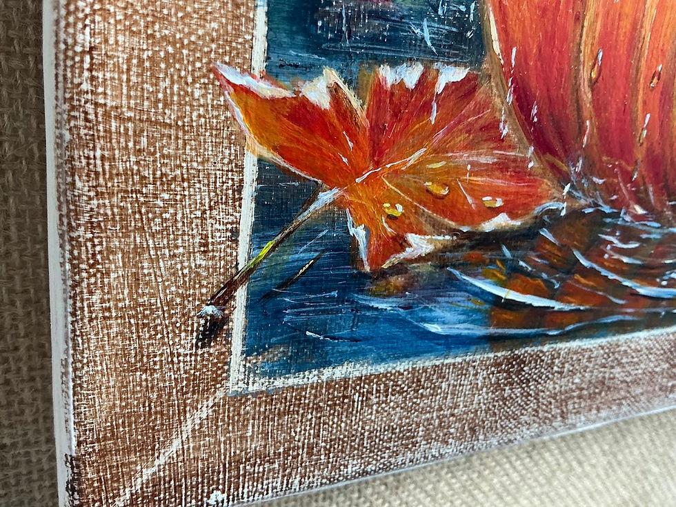 Thumbnail: Acrylic painting of a pumpkin in the rain with autumn leaves and water reflections