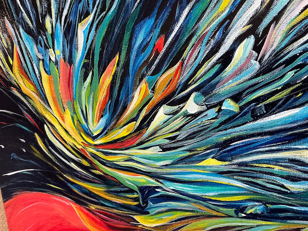Original acrylic painting “Flower in Moving”  abstract flower with dynamic, swirling colorful petals agai