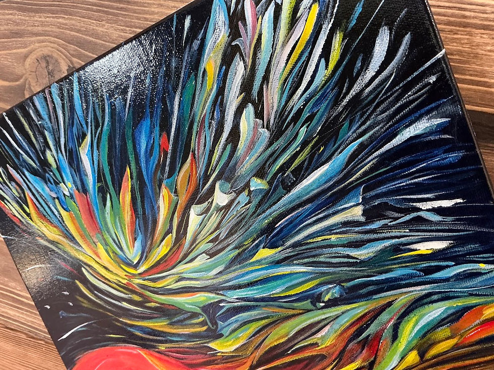 Thumbnail: Original acrylic painting “Flower in Moving”  abstract flower with dynamic, swirling colorful petals agai