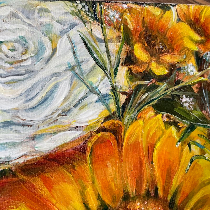 Thumbnail: “Hand-painted acrylic artwork of bright sunflowers surrounded by meadow blooms, vibrant brushstrokes, and textured details