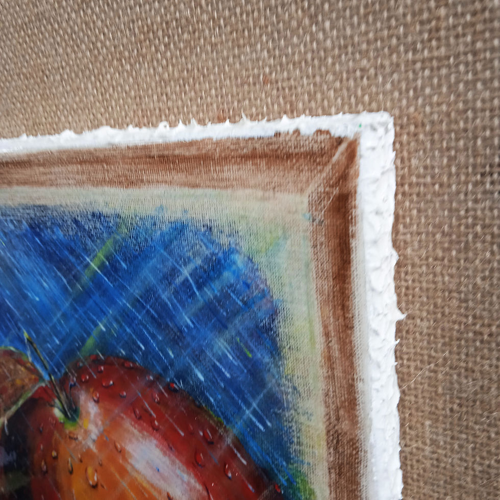 Thumbnail: Acrylic painting of a red apple with a leaf under falling rain, on a vibrant blue background with paint drips.