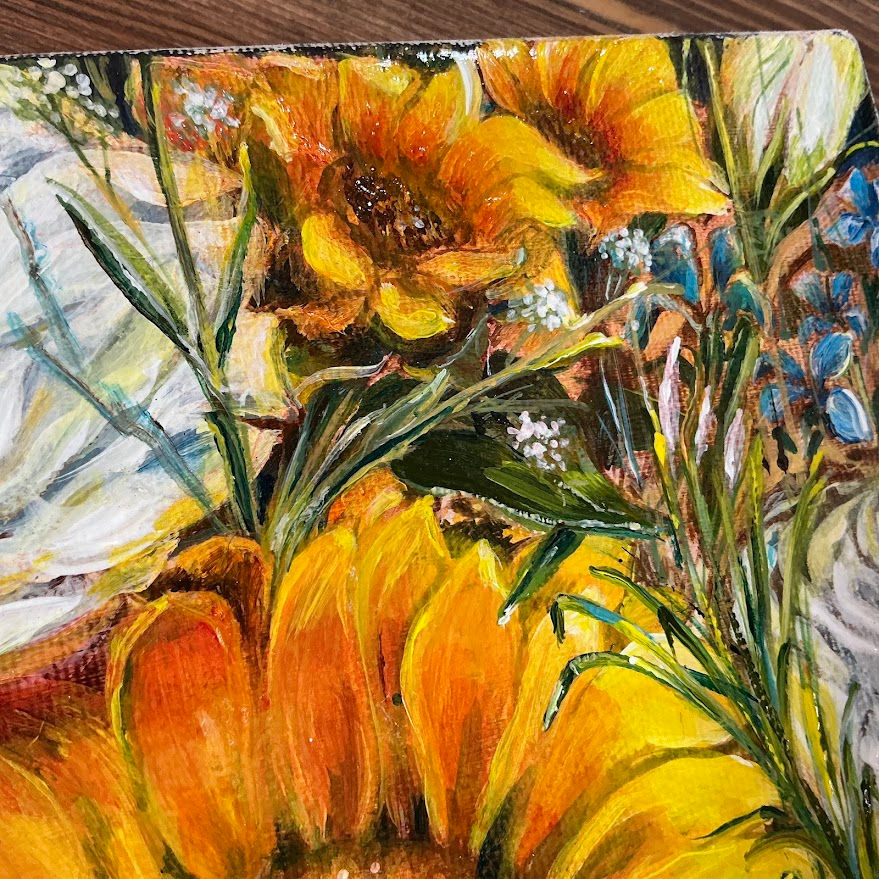 Thumbnail: “Hand-painted acrylic artwork of bright sunflowers surrounded by meadow blooms, vibrant brushstrokes, and textured details