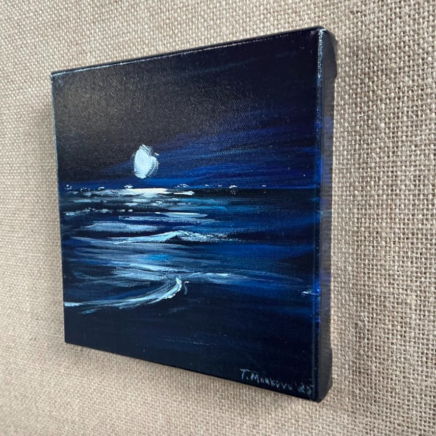 Thumbnail: A small acrylic painting showing moonlight reflecting over gentle ocean waves in deep blue tones.