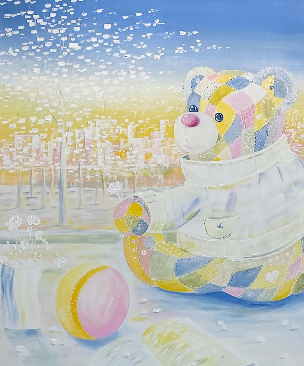 Original acrylic painting of a colorful patchwork teddy bear sitting in a soft winter landscape, pastel tones.