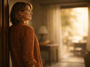 A woman standing at a threshold in quiet resolve — Kelly Newlon Global identity coaching for women 45+ ready to move forward