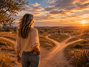 A woman standing at an open landscape with multiple paths ahead — Kelly Newlon Global identity coaching for women 45+ ready for their next chapter
