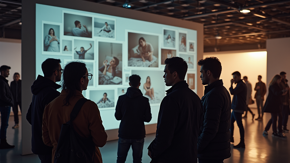 High angle view of a group of photographers discussing a photo selection