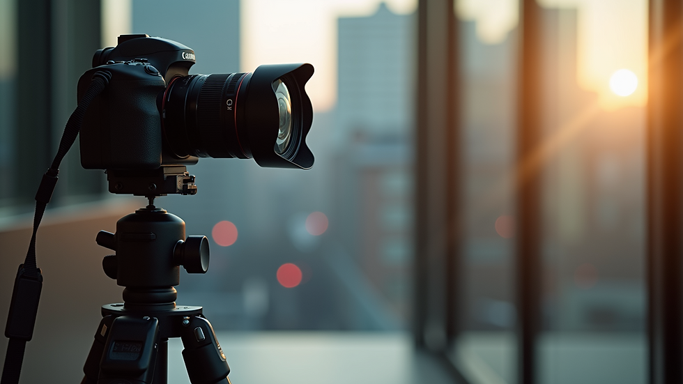 Eye-level view of a professional camera setup on a tripod
