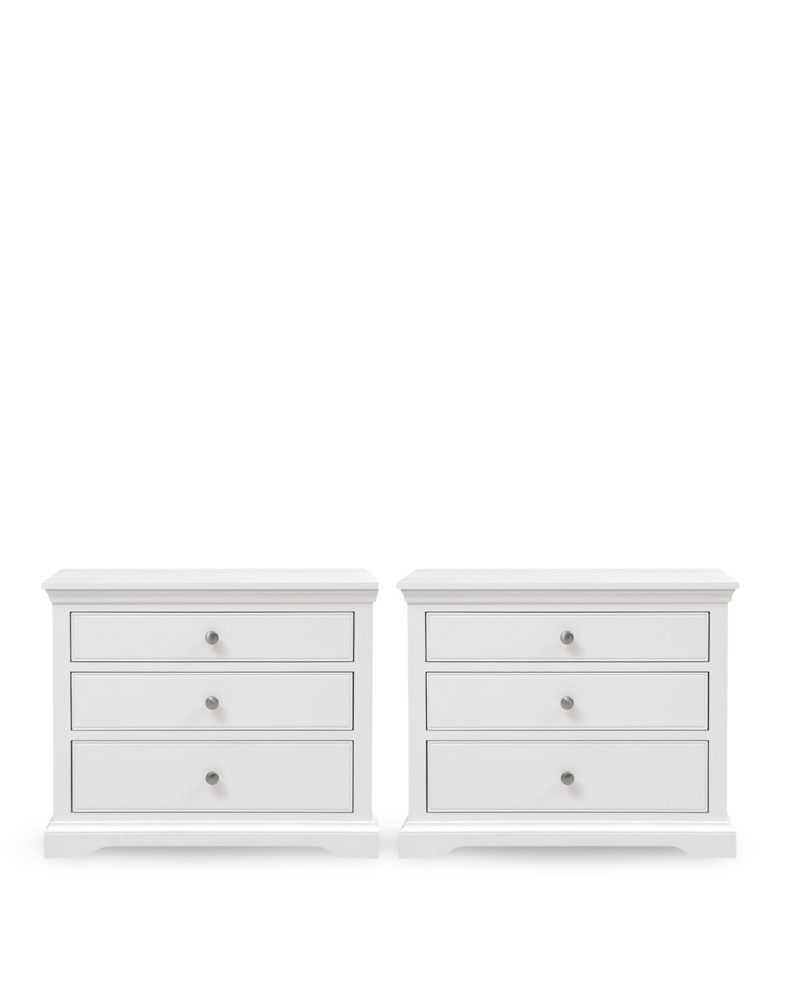Fairford 3 Drawer Large White Bedside Table with soft-close drawers and nickel-plated hardware. Modern country design