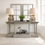Thumbnail: Breakfront console table with reclaimed elm top, distressed grey finish, and hidden drawer, in a rustic classic style.