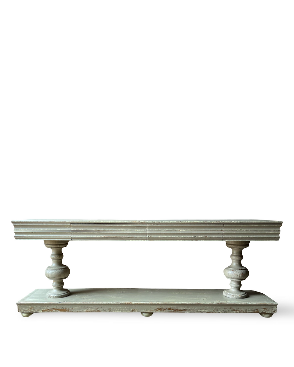 Rustic balustrade console table with distressed Colonial Grey paint, turned legs, convertible drawer fronts for media storage