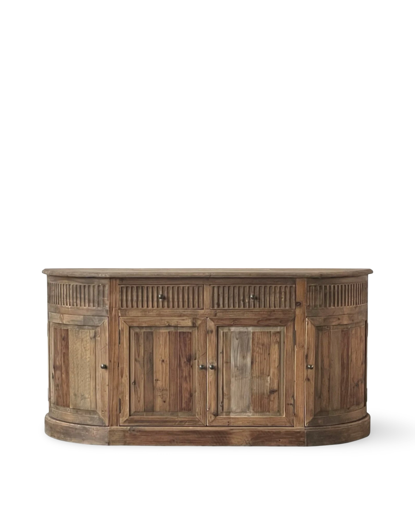 Regency style sideboard with curved ends, ribbed drawer detail, and four-door storage, crafted from rustic reclaimed timber w