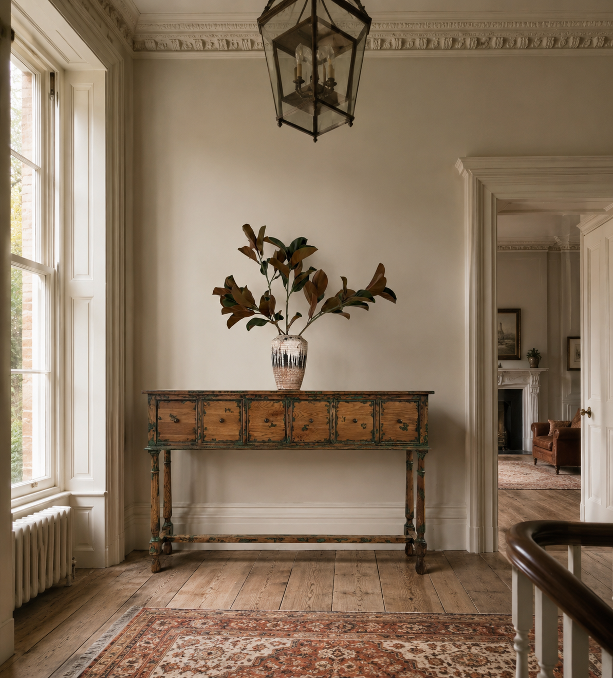 Aged oak and Verdigris green six-drawer hall table with vintage-inspired design tall, slender for narrow hallways