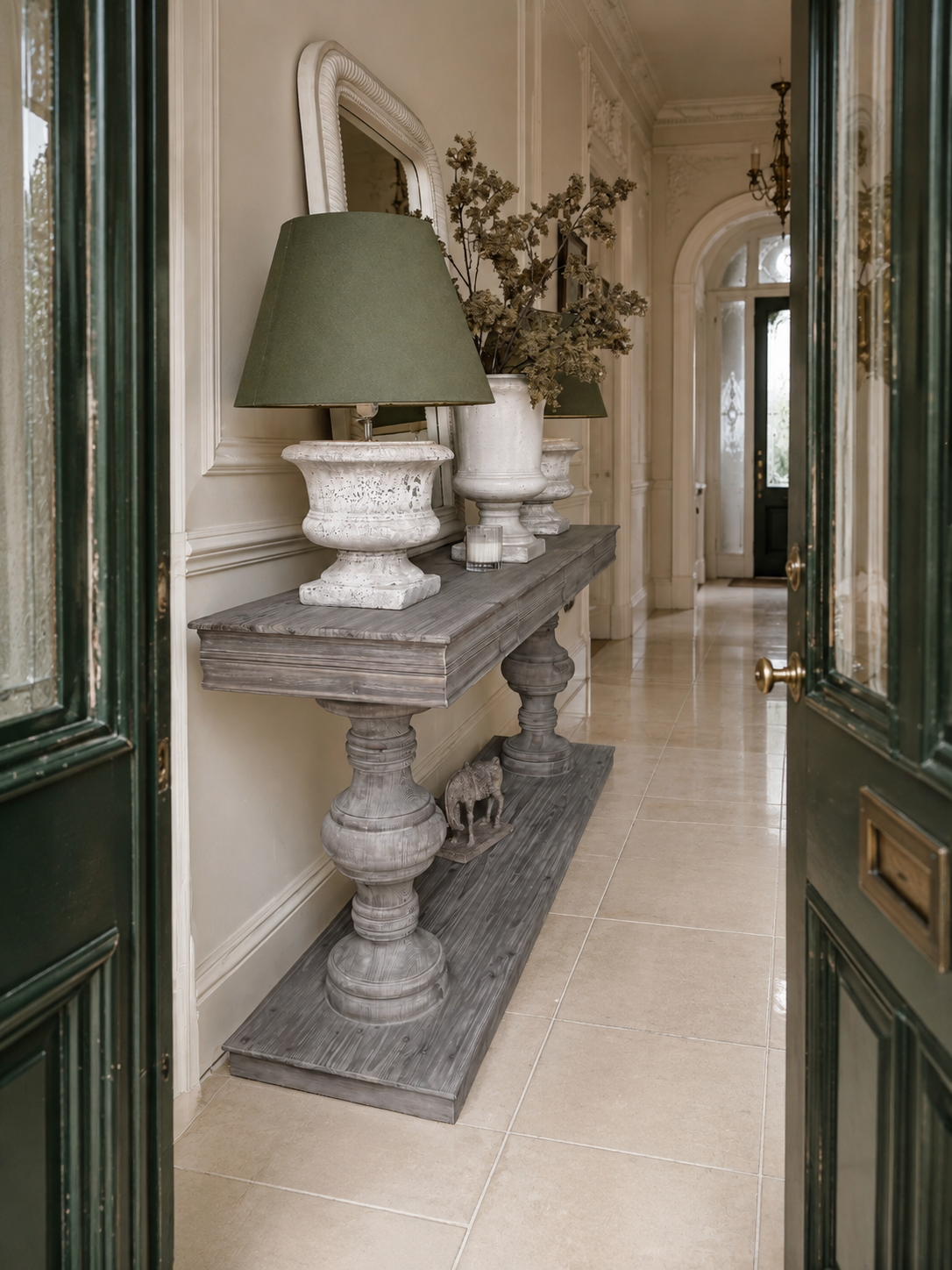 Classico reclaimed pine console table in Vintage Grey with sculptural bulbous balustrade legs, two discreet drawers