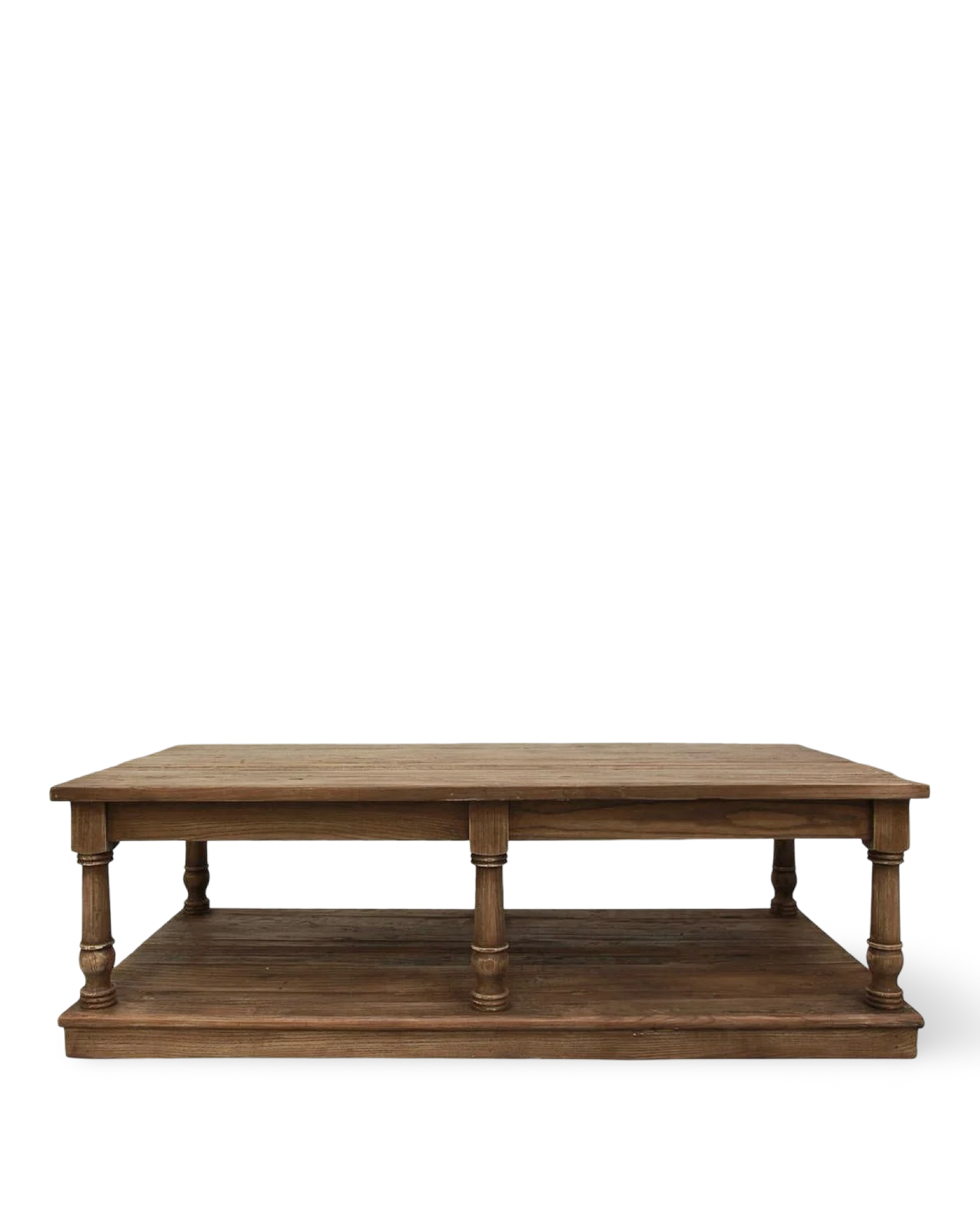 Reclaimed elm coffee table made from recycled timber with natural knots, cracks, and a warm rustic finish