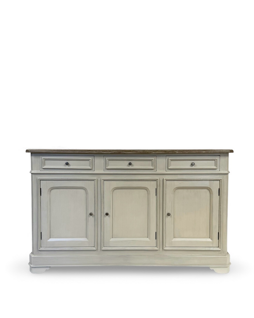 Tall brushed ivory sideboard with teak top, three cupboards, and three drawers