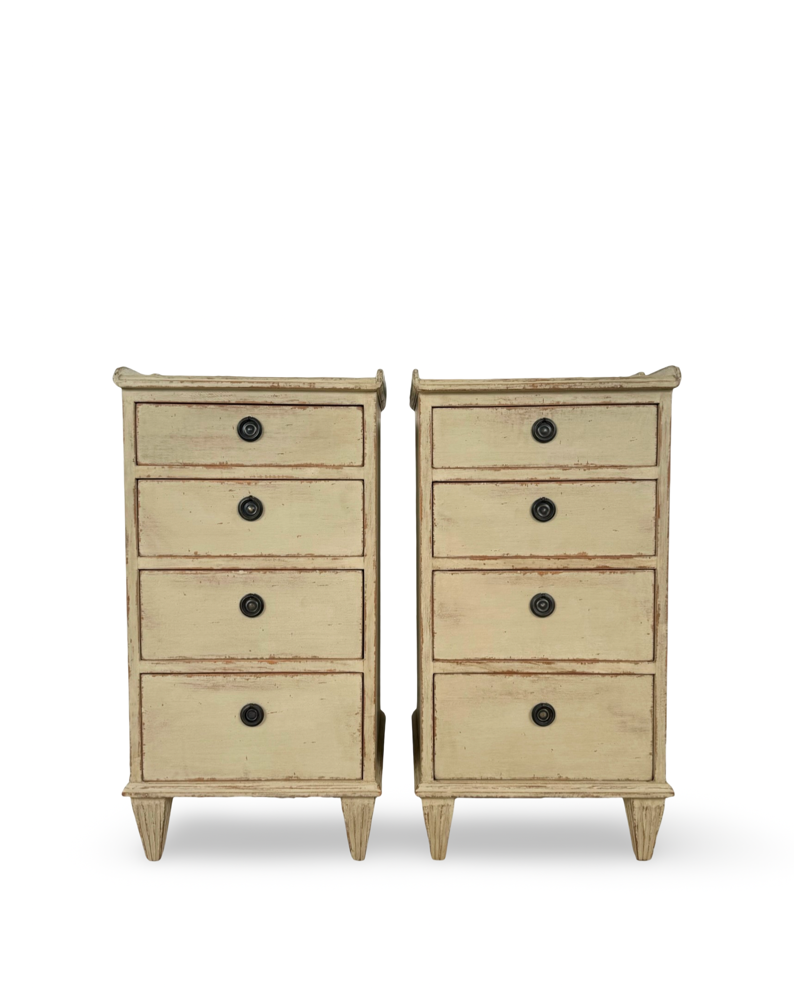 Pair of slender Gustavian bedside tables by Chelsea Textiles, hand-painted and distressed, ideal for small country cottage