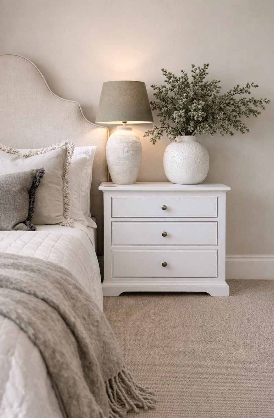 Fairford 3 Drawer Large White Bedside Table with soft-close drawers and nickel-plated hardware. Modern country design