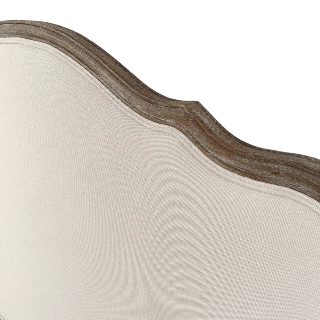 Thumbnail: Sienna King Size bed with weathered oak frame, soft sweeping curves, elegant carved legs, and fully upholstered headboard