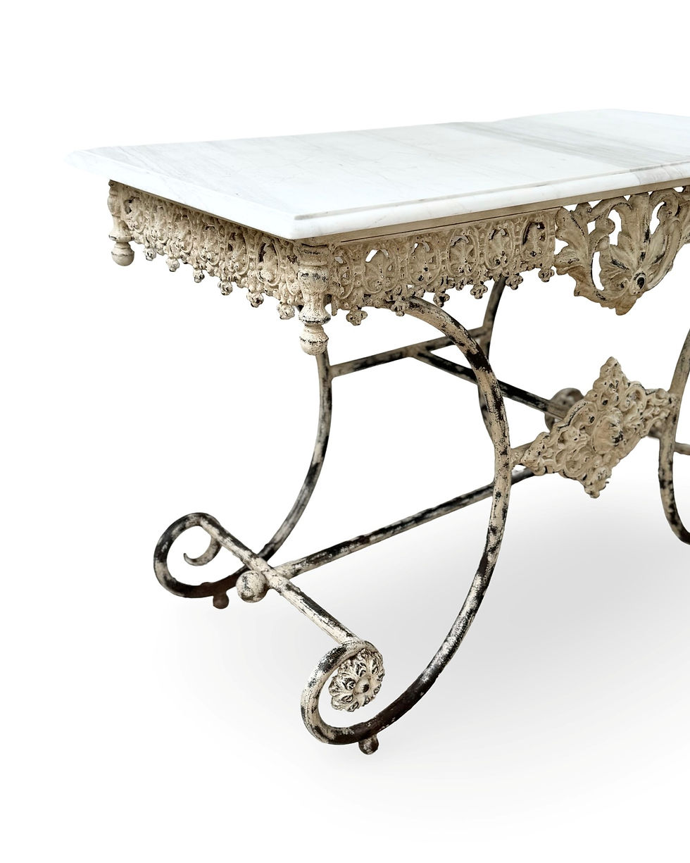 Thumbnail: Antique French boulangerie pastry table with original marble top and restored wrought iron base,  Belle Époque scroll