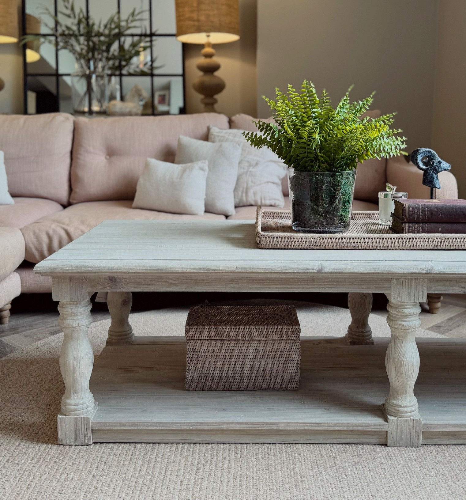Handcrafted Classico Large Six Column Coffee Table made from reclaimed pine with a hand-rubbed whitewashed finish