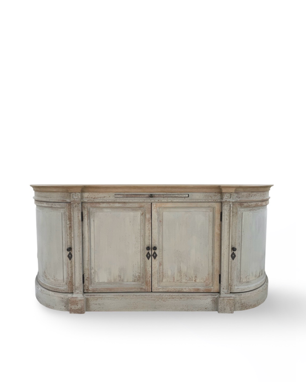 Grey four-door sideboard with curved ends, adjustable shelves, and a gently distressed finish