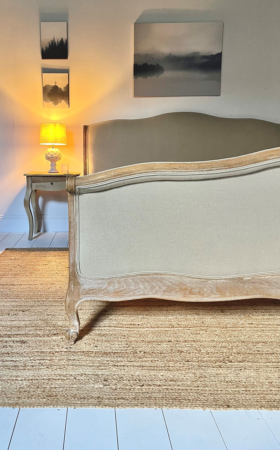 Antoinette Super King bed featuring lightly weathered oak frame, natural linen upholstery, and elegant French-inspired design