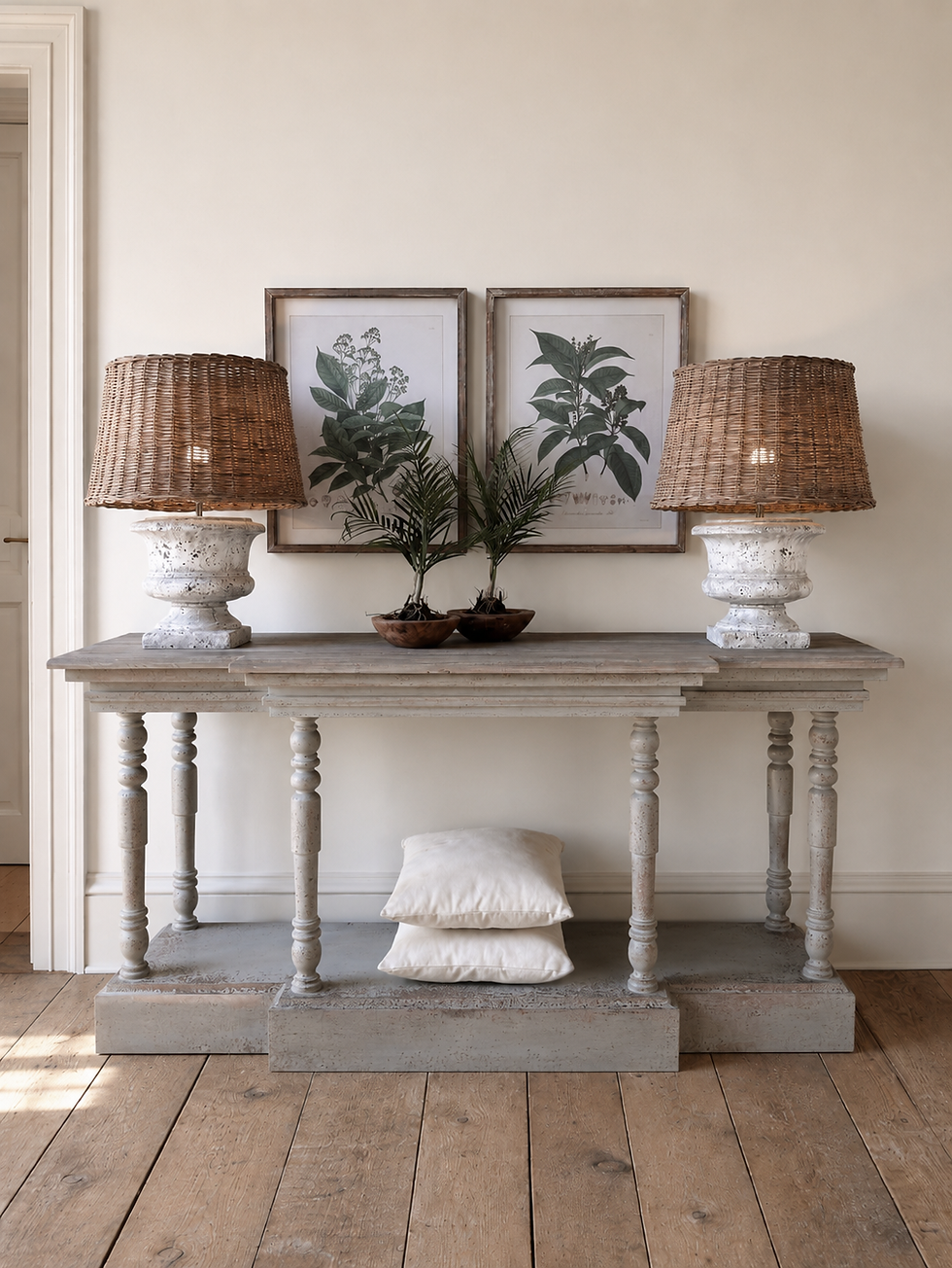 Breakfront console table with reclaimed elm top, distressed grey finish, and hidden drawer, in a rustic classic style.