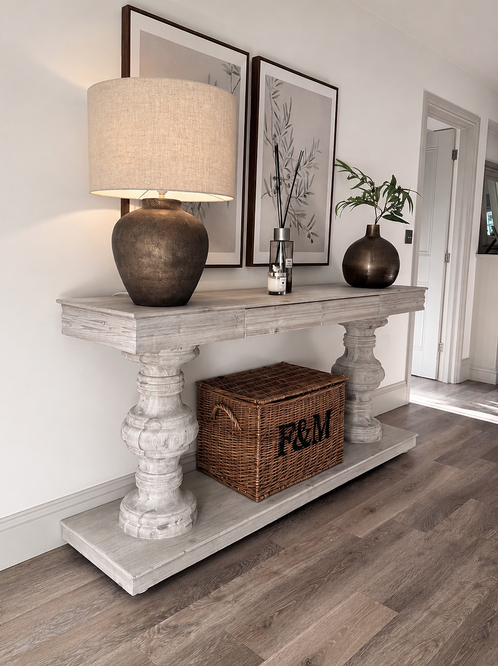 Reclaimed pine balustrade console table with bulbous legs, whitewashed finish, and two discreet drawers in a rustic French