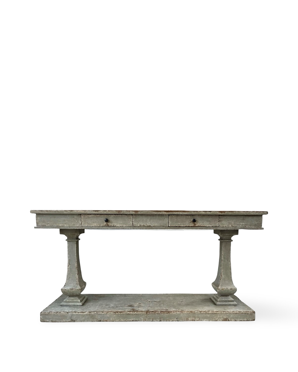 Vintage French farmhouse-style console table with two small drawers, lower shelf, and a distressed finish for a timeworn look