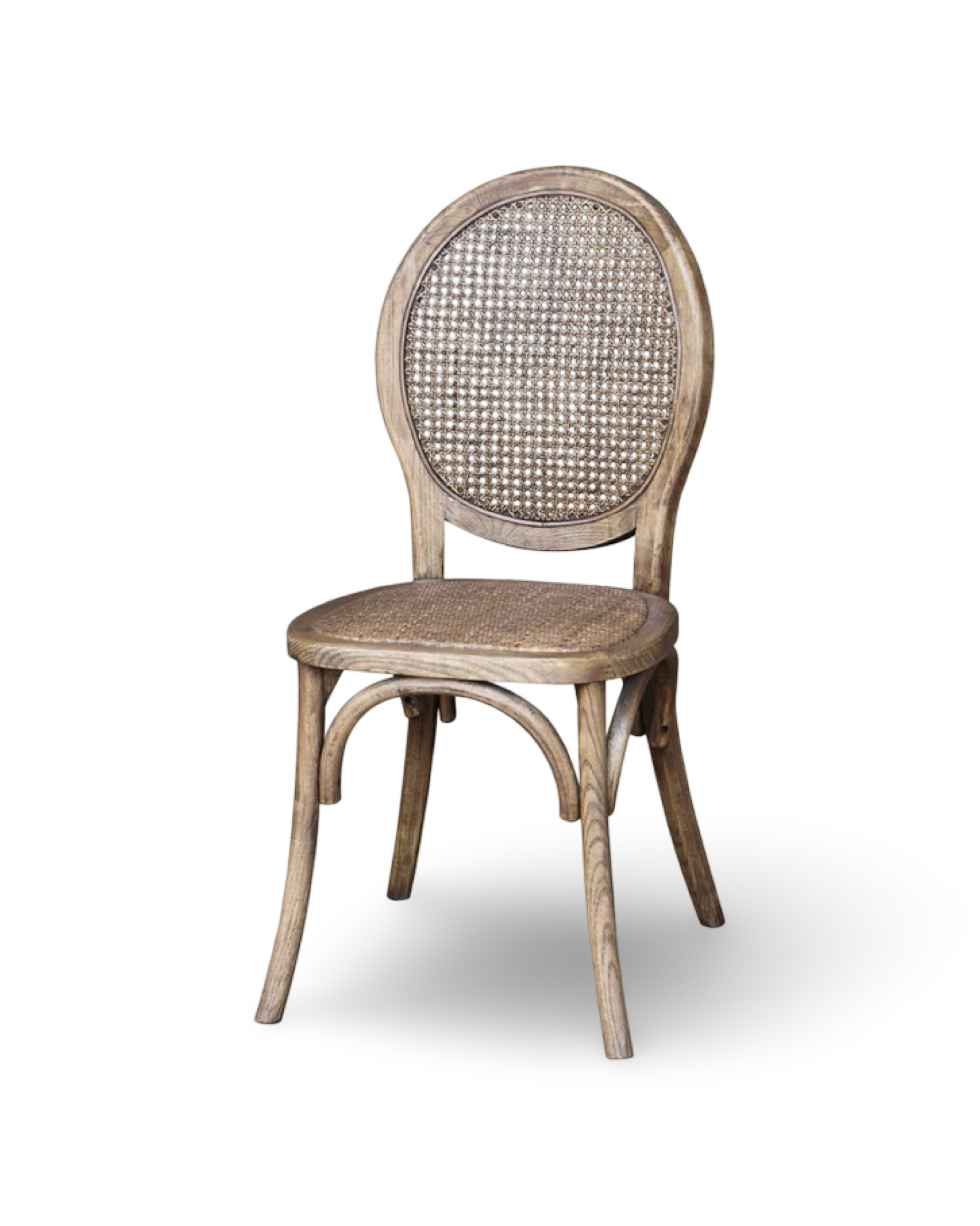 Handcrafted oak balloon-back dining chair with a woven cane seat and backrest in a natural weathered finish.