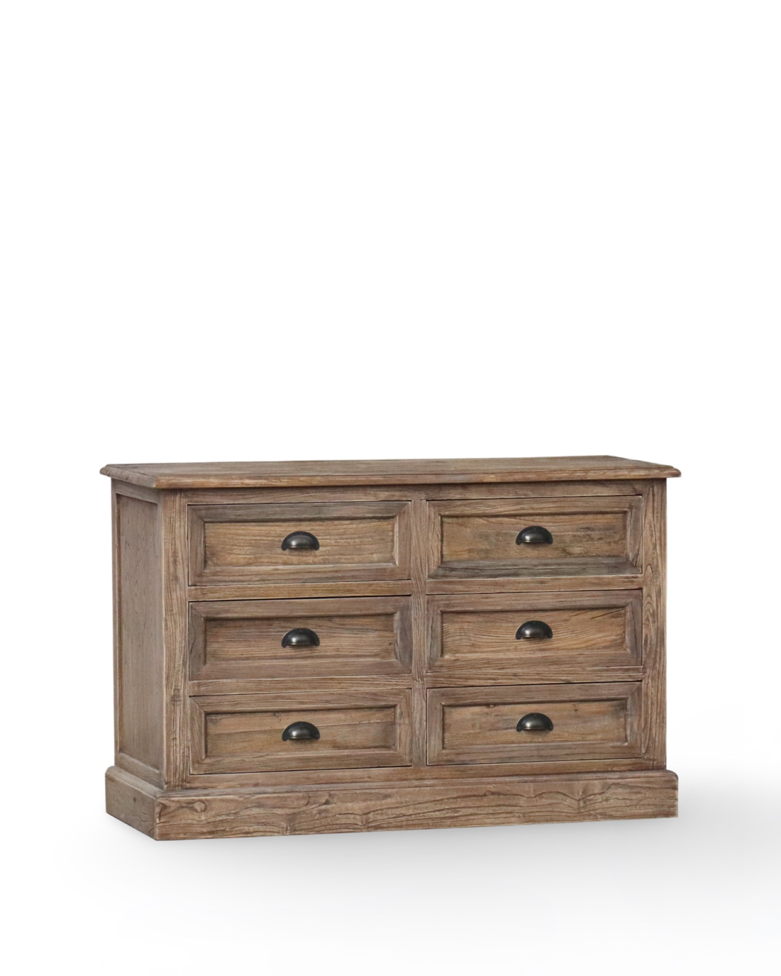 Small reclaimed elm bank of drawers with 6 spacious compartments, featuring rustic merchant chest design and antique-style