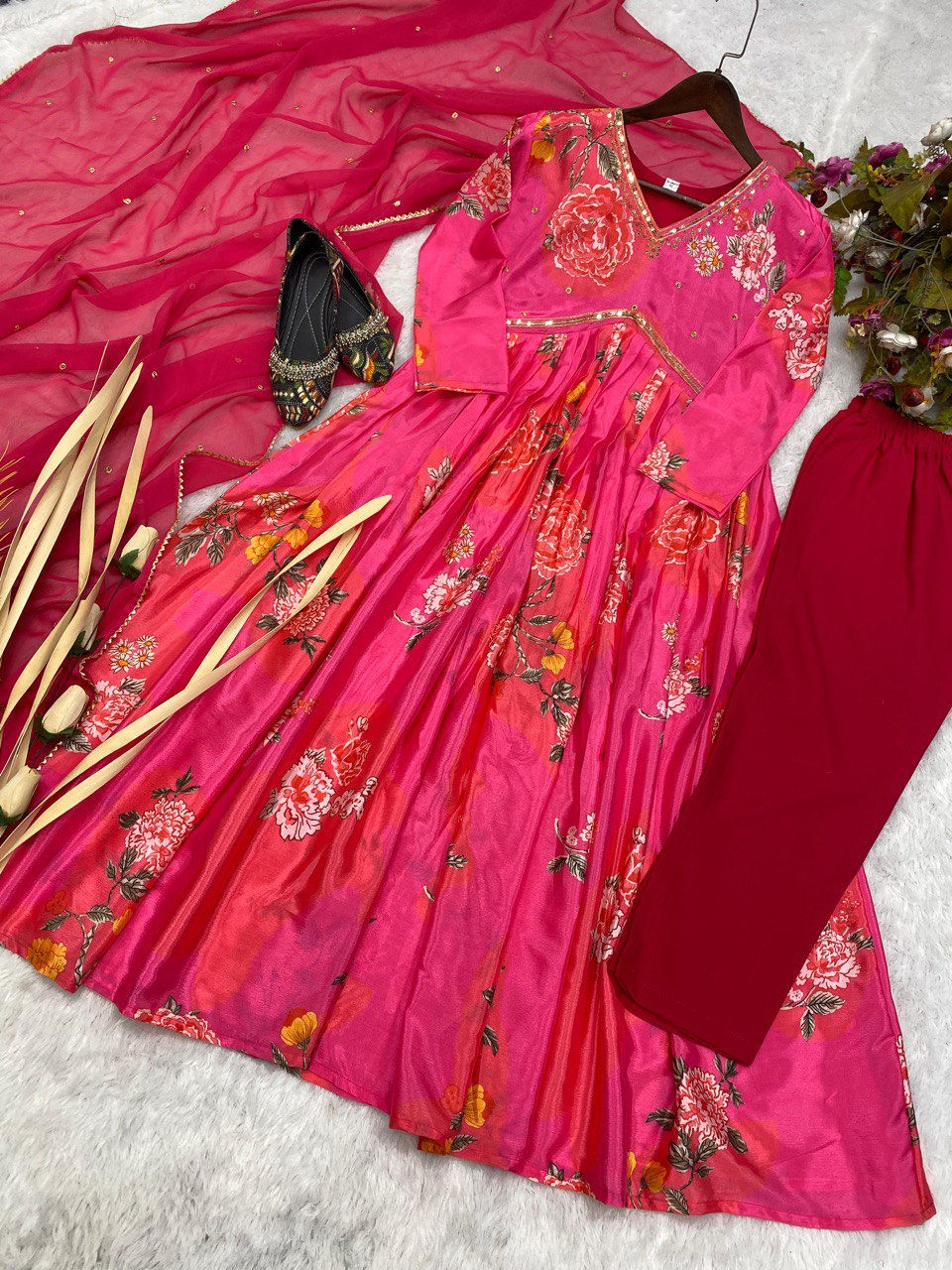 Thumbnail: Pakistani Chinos Gown with Sequin Embroidery and Samosa Lace Dupatta