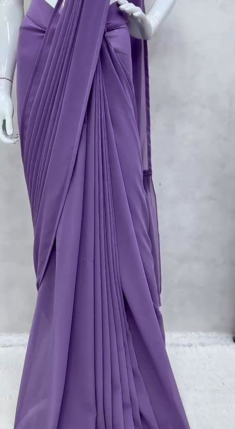 Thumbnail: Graceful Faux Georgette Ruffle Saree with Pre-Draped Stitched Blouse